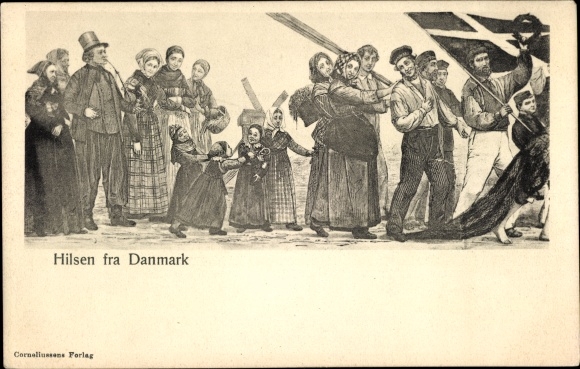 Postcard People in Danish costume, windmill, Danish flag