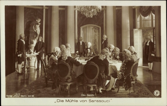 Postcard film scene The Mill of Sanssouci, actor Otto Gebühren, Frederick the Great