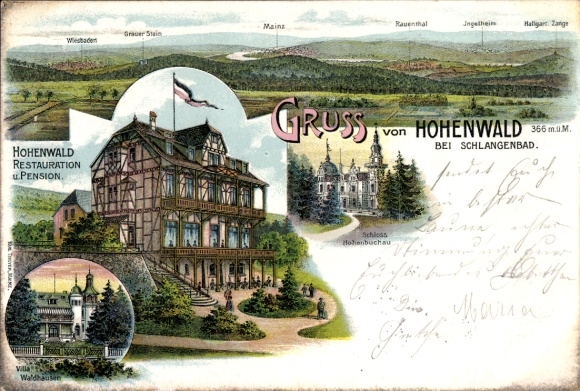 Chromo-Litho Schlangenbad in the Taunus Hessen, Restaurant and Pension Hohenwald, Castle Hohenbuchau