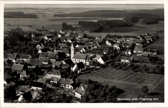 Postcard Berkheim in Upper Swabia, aerial view of church, residential buildings
