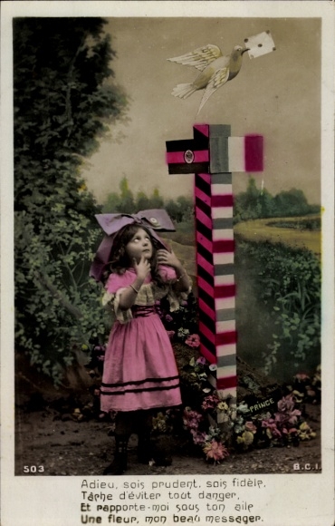 PC girl in traditional costume, border post, carrier pigeon