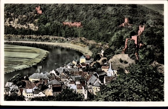 Ak Neckarsteinach in Hessen, Panoramablick auf  vier Burgen, Flusslandschaft, bunte Häuser
