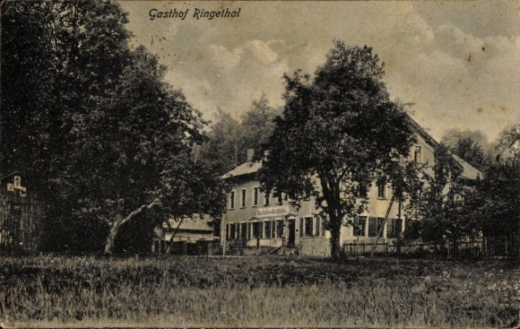Ak Ringethal Mittweida in Sachsen, Gasthof, Wiese, Bäume, Eingang, Terrasse