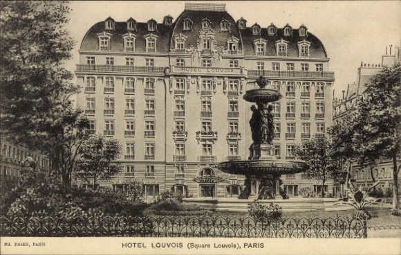 Ak Paris I Louvre, Hotel Louvois, fontein, mensen, bomen