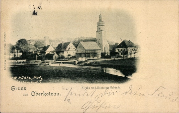 Postcard Oberkotzau an der Saale, church, cantor's building