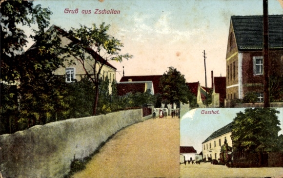 Postcard Zschaiten Nünchritz in Saxony, street section, inn