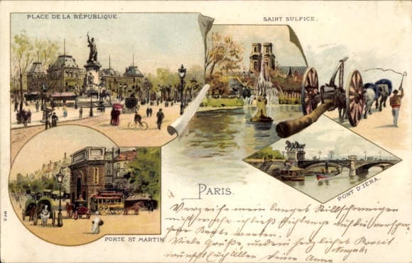 litho Parijs X., Pont d'Iena, Porte St. Martin, Saint Sulpice, Place de la Republique