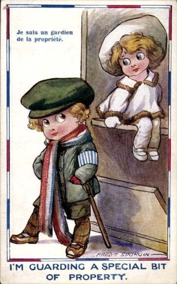 Artist Postcard Spurgin, F., Children, girl in white coat, boy with scarf, walking stick