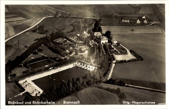 Postcard Bronnzell Fulda in Hesse, aerial view of a spa hotel, swimming pool, surrounding landscape, pa