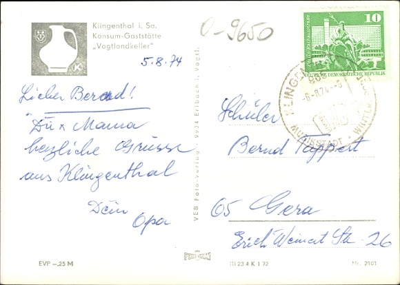 Postcard Klingenthal in Vogtland Saxony, consumption restaurant Vogtlandkeller