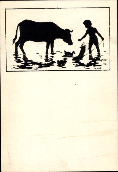 Paper cutting artist Postcard Carus, child playing in the water, cattle