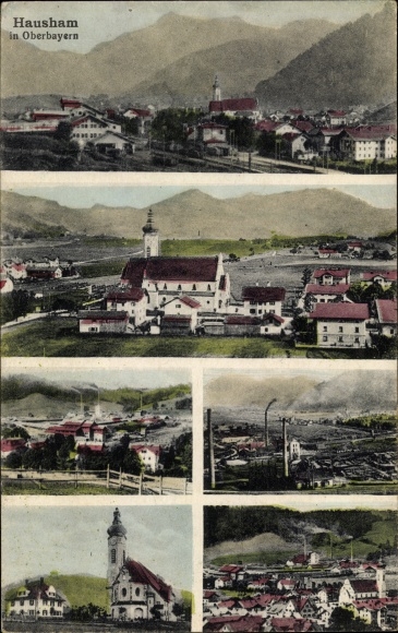 Postcard Hausham in Oberbayern, general view, partial views, church
