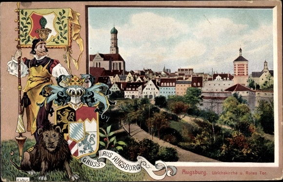 Wappen Passepartout Ak Augsburg in Schwaben, Ulrichskirche, Rotes Tor, Löwe