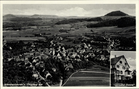 Postcard Wäschenbeuren in Württemberg, aerial view of Berg in the background, building on the right