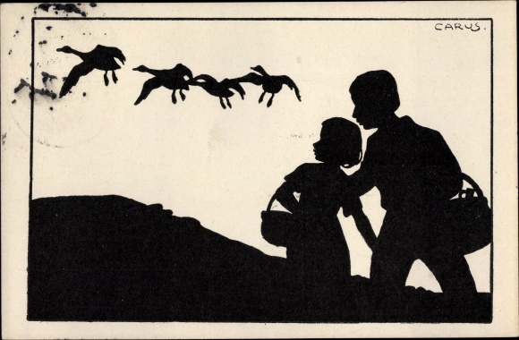 Paper cut Postcard Carus, children with baskets, flying geese