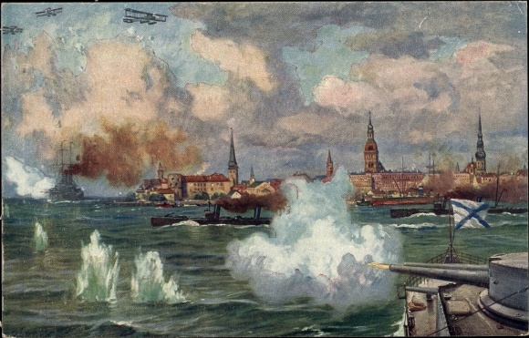 Postcard Deutsche Kriegsschiffe, attack on Russian warships in the port of Riga, Imperial Navy