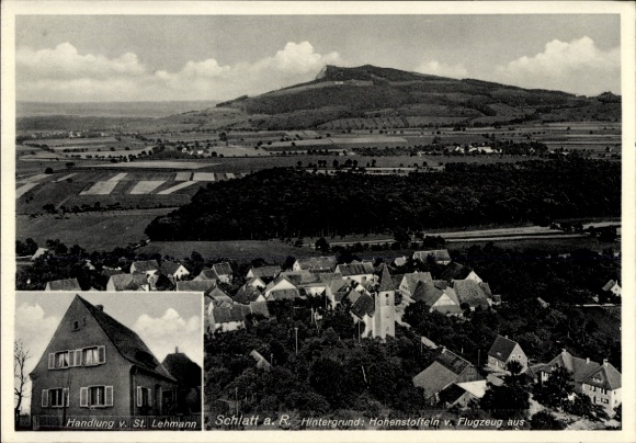 Ak Schlatt am Randen Hilzingen im Hegau, Luftaufnahme von Schlatt, Hohenstoffeln im Hintergrund, 