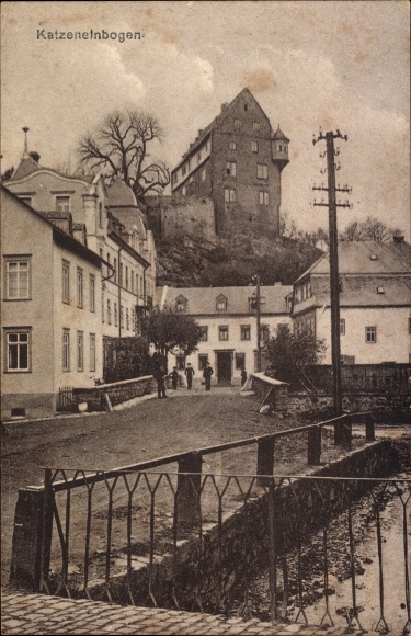 Postcard Katzenelnbogen in the Rhein Lahn district, street section on the water, castle