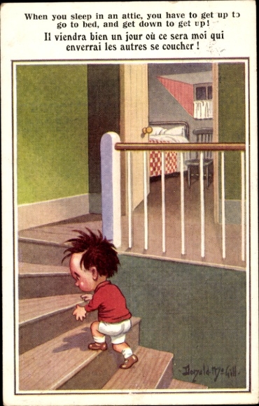 Artist Postcard McGill, Donald, child, stairs, humor