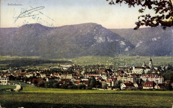 Postcard Solothurn city Switzerland, city view, mountains in the background, idyllic landscape, colorful