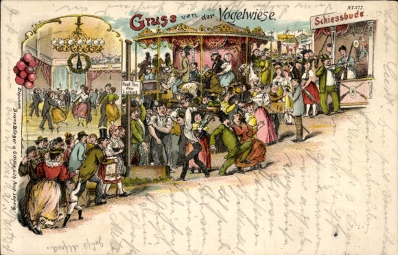 Chromo-Litho Dresden Old Town Johannstadt, Vogelwiese fairground, shooting gallery, fair, carousel