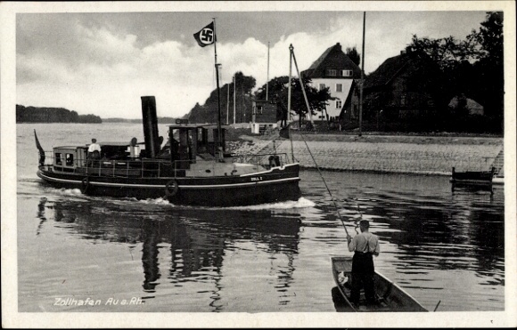 Postcard Au am Rhein, customs port, steamboat