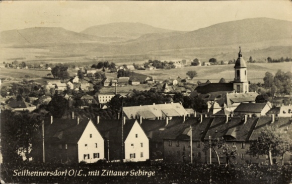 Postcard Seifhennersdorf in Upper Lusatia Saxony, partial view with Zittau Mountains, church tower