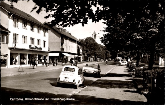 Postcard Penzberg in Upper Bavaria, Bahnhofstrasse with Christ the King Church