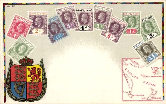 Stamps Coat of Arms Chromo-Litho Fiji, Map, Postage Revenue