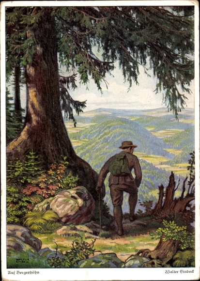 Kunstenaar Ak Einbeck, Walter, Op bergtop, wandelaar