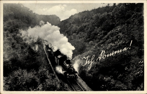 Postcard Königsbrück in Upper Lusatia, train travels through a hilly landscape.