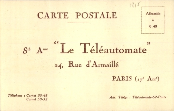 Ansichtkaart Parijs XVII., reclame, Le Teleautomate, Private Installations, 24 di d'Armaille