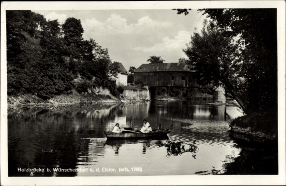 Ak Wunschdorf op de Elster, houten brug, roeiboot