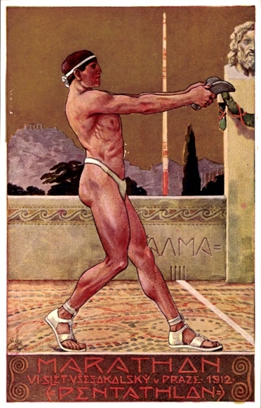 Künstler Ak Praha Prag, Marathon, VI. Slet Vzesokolsky 1912, Pentathlon, Hammerwerfer