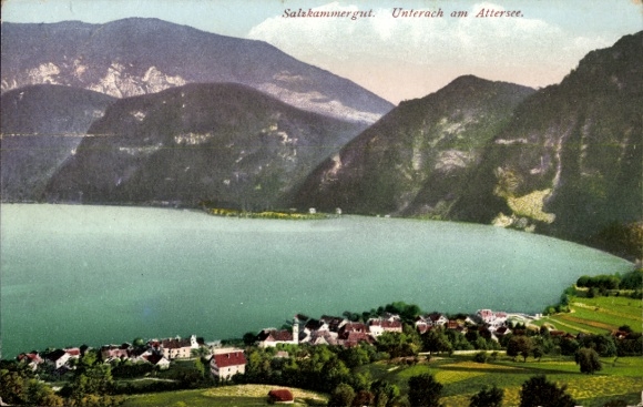 Ak Unterach am Attersee Oberösterreich, Salzkammergut,  Berglandschaft, See