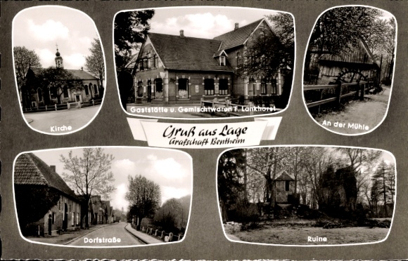 Ak Locatie in Lippe, kerk, restaurant en winkel F. Lankhorst, An der Mühle, Dorfstrasse, ruïnes