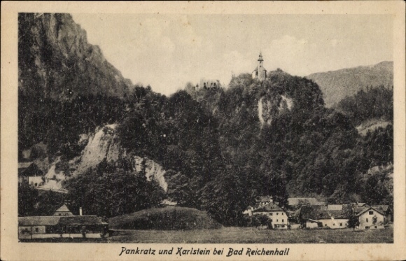 Postcard Karlstein Bad Reichenhall in Upper Bavaria, pilgrimage church St. Pankraz, Panorama
