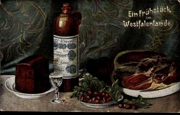 Postcard Breakfast in Westphalia, ham, schnapps, radishes