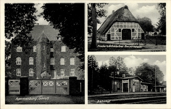 Ak Agathenburg wijk van Stade, kasteel, boerderij, treinstation, pension, tuin, clubruimte