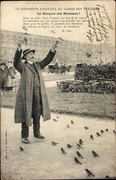 Postcard Paris, The Bird Charmer in the Tuileries Garden, The Banquet of the Sparrows