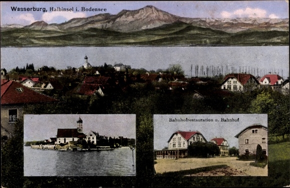 Ak Wasserburg am Bodensee Schwaben, Gesamtansicht, Bahnhofsrestauration