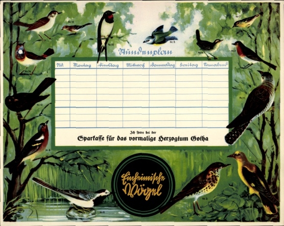 Timetable Sparkasse Herzogtum Gotha, German songbirds, blackbird thrush finch around 1930
