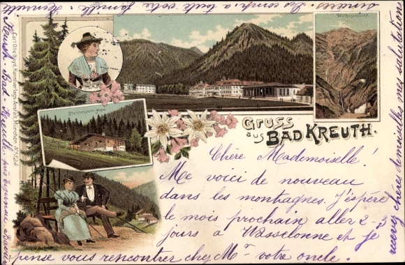 Chromo-Litho Kreuth am Tegernsee Oberbayern, panorama, woman in costume, Wandersleut, Wolfsschlucht