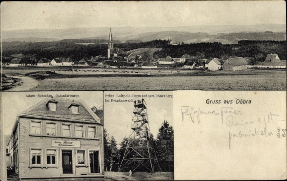 Postcard Döbra Schwarzenbach, colonial goods A. Schmidt, Prince Luitpold tower