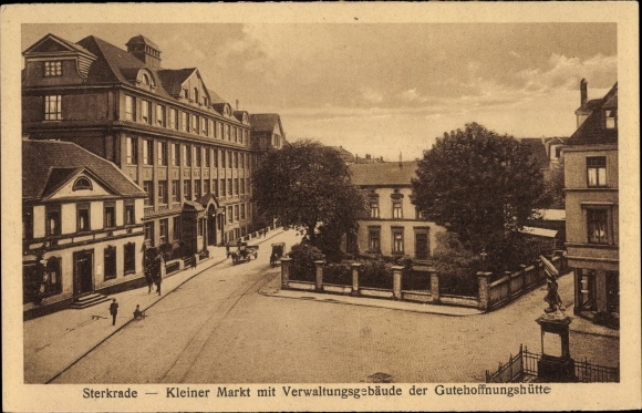 Postcard Sterkrade Oberhausen in the Ruhr area, small market with the administration building of the Gutehoffnungshütte