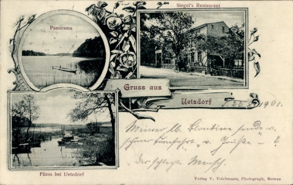 Postcard Uetzdorf in der Mark Ützdorf Wandlitz, Panorama, Siegels Restaurant, Fliess