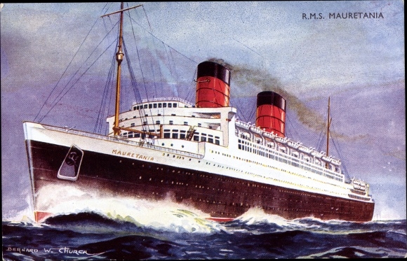 Kunstenaar Ak Church, W., Cunard Line, RMS Mauretanië, Stoom Boot