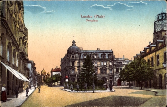 Postcard Landau in der Pfalz, Postplatz, buildings, trees, street view