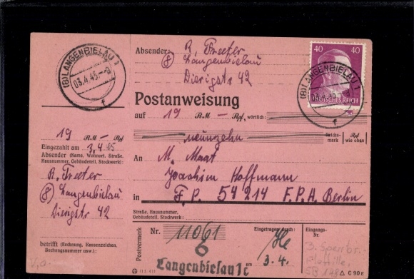 PAW 795 "(8) Langenbielau 3.4.45" with ZLGZ, to Kriegsmarine field post no.