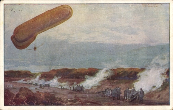 Artist Postcard Schulze, Hans Rudolf, Tethered Balloon of the German Air Fleet in World War I, Artillery